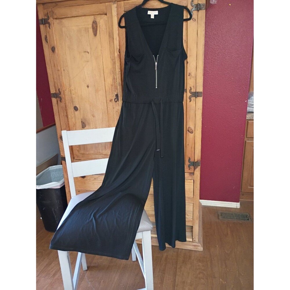 Michael Kors Black Wide Leg Palazzo Jumpsuit Zip Front Size L